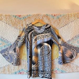 Gray and Gold Paisley Retro Bell Sleeve Dress